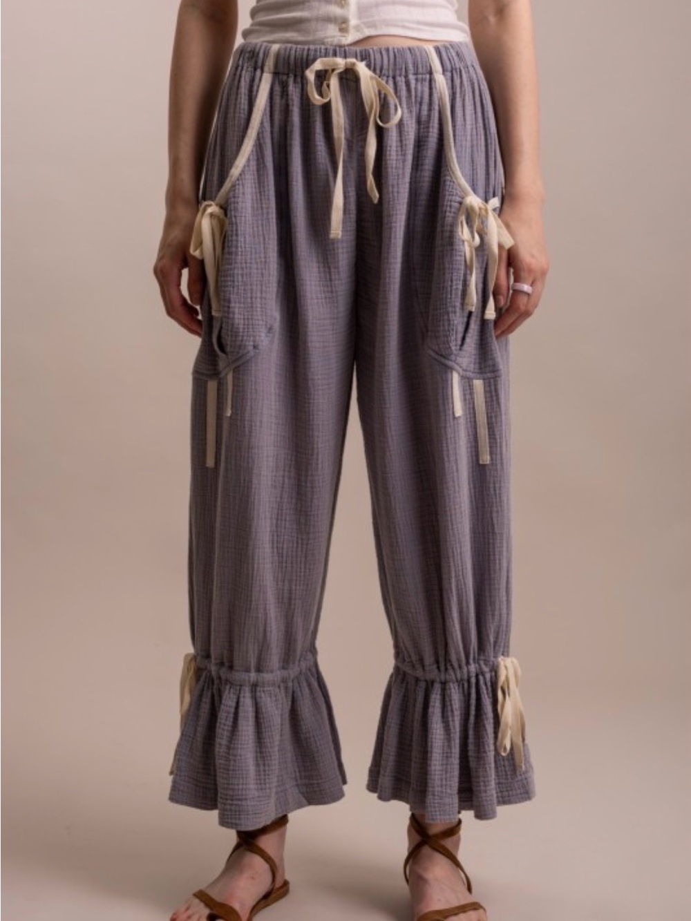 Wide-Leg Ruffle Hem Drawstring Pants in Dusty Grey